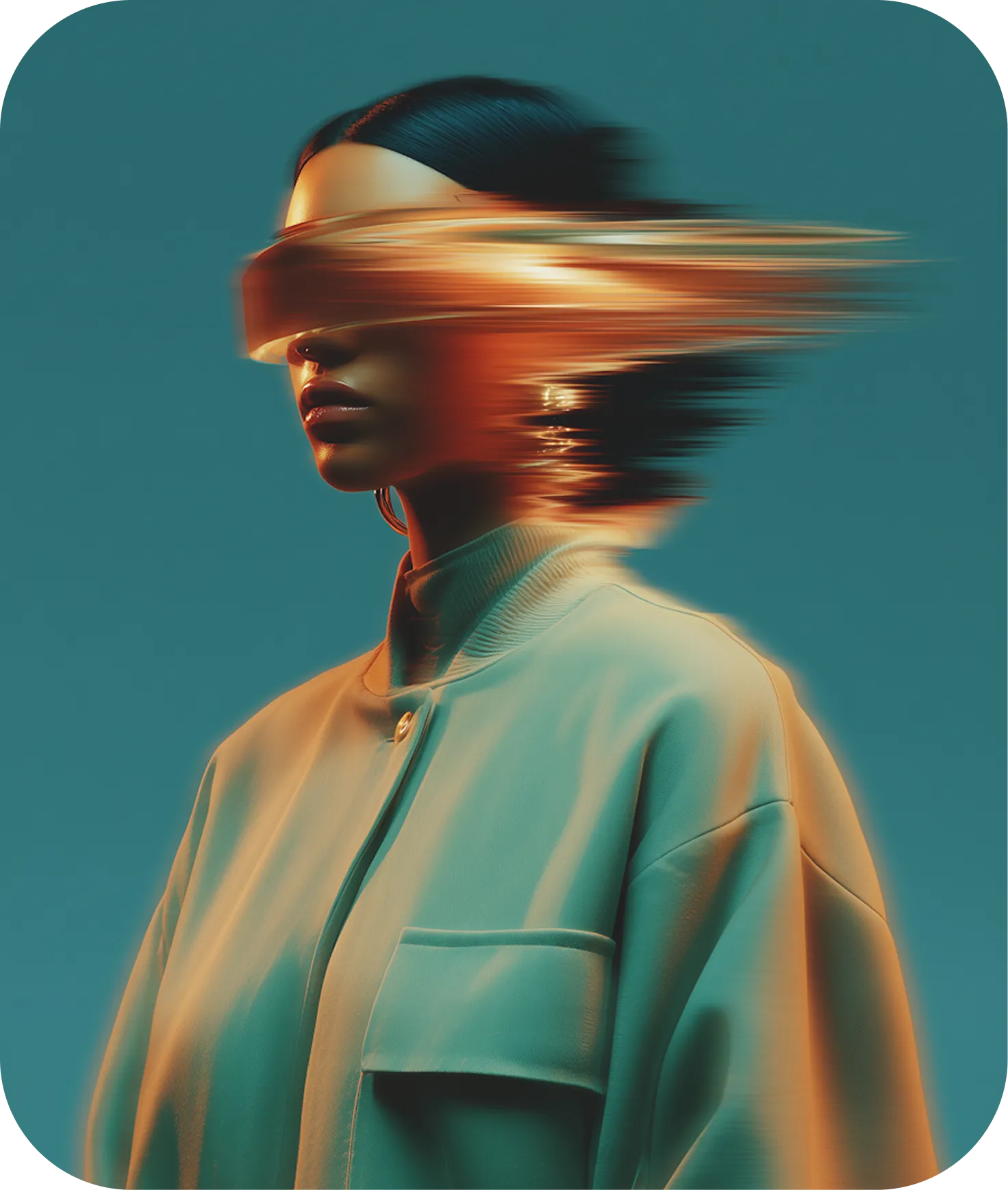 Portrait of a woman in a teal jacket with a blurred, glowing orange visor obscuring her eyes and extended back with motion blur effect.