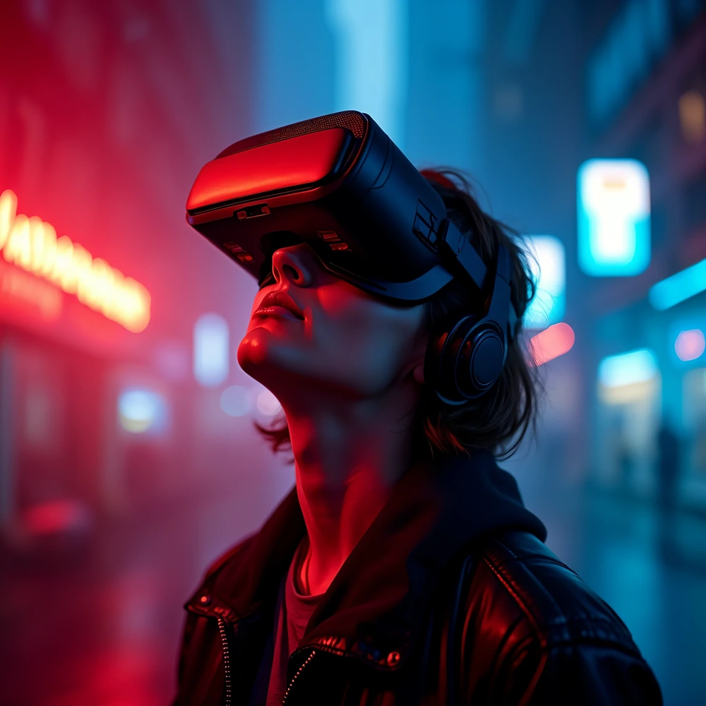 Person wearing a virtual reality headset and headphones in a cityscape with red and blue neon lights.