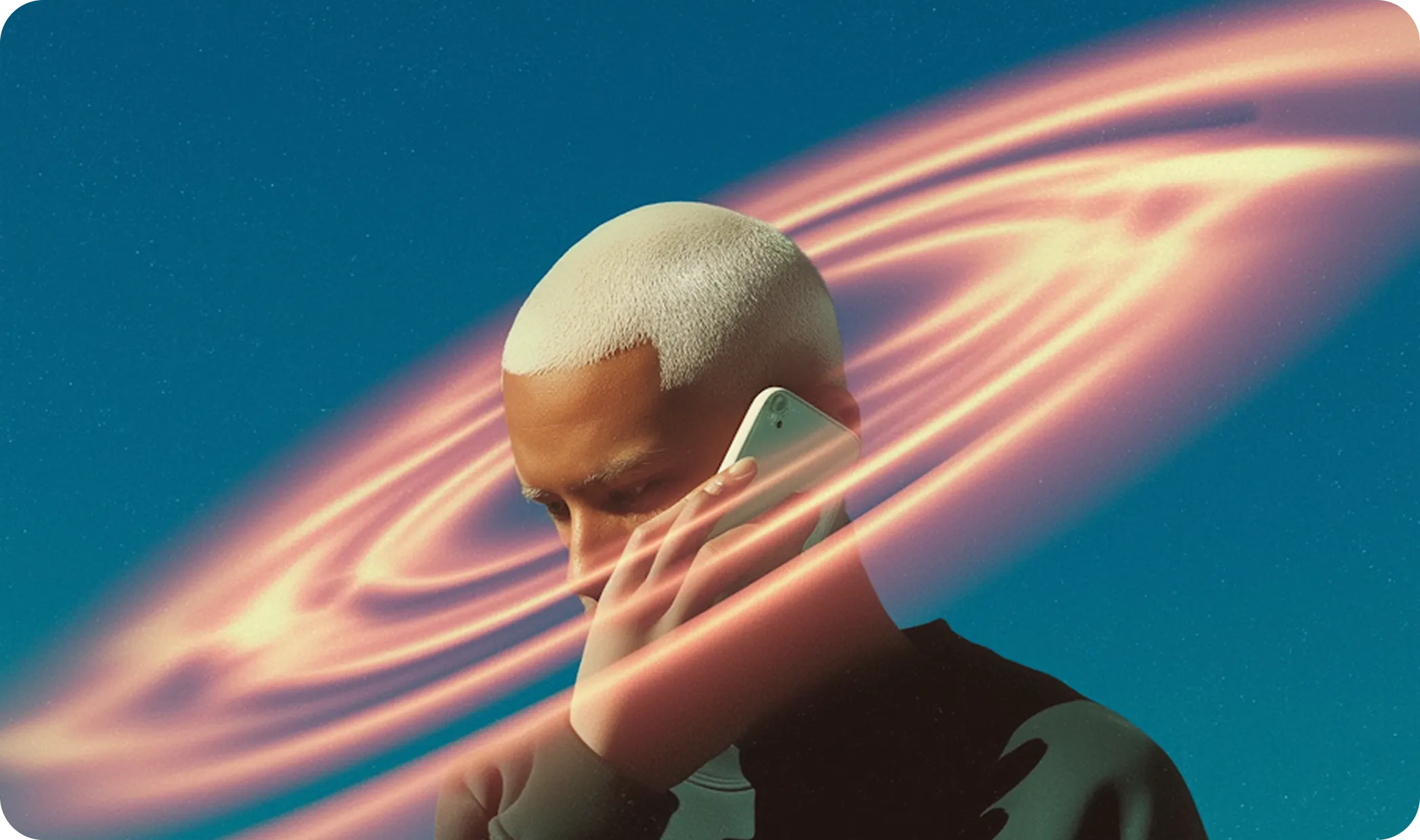 Person with bleached blonde hair holding a smartphone to their ear surrounded by glowing, swirling light rings against a dark blue background.